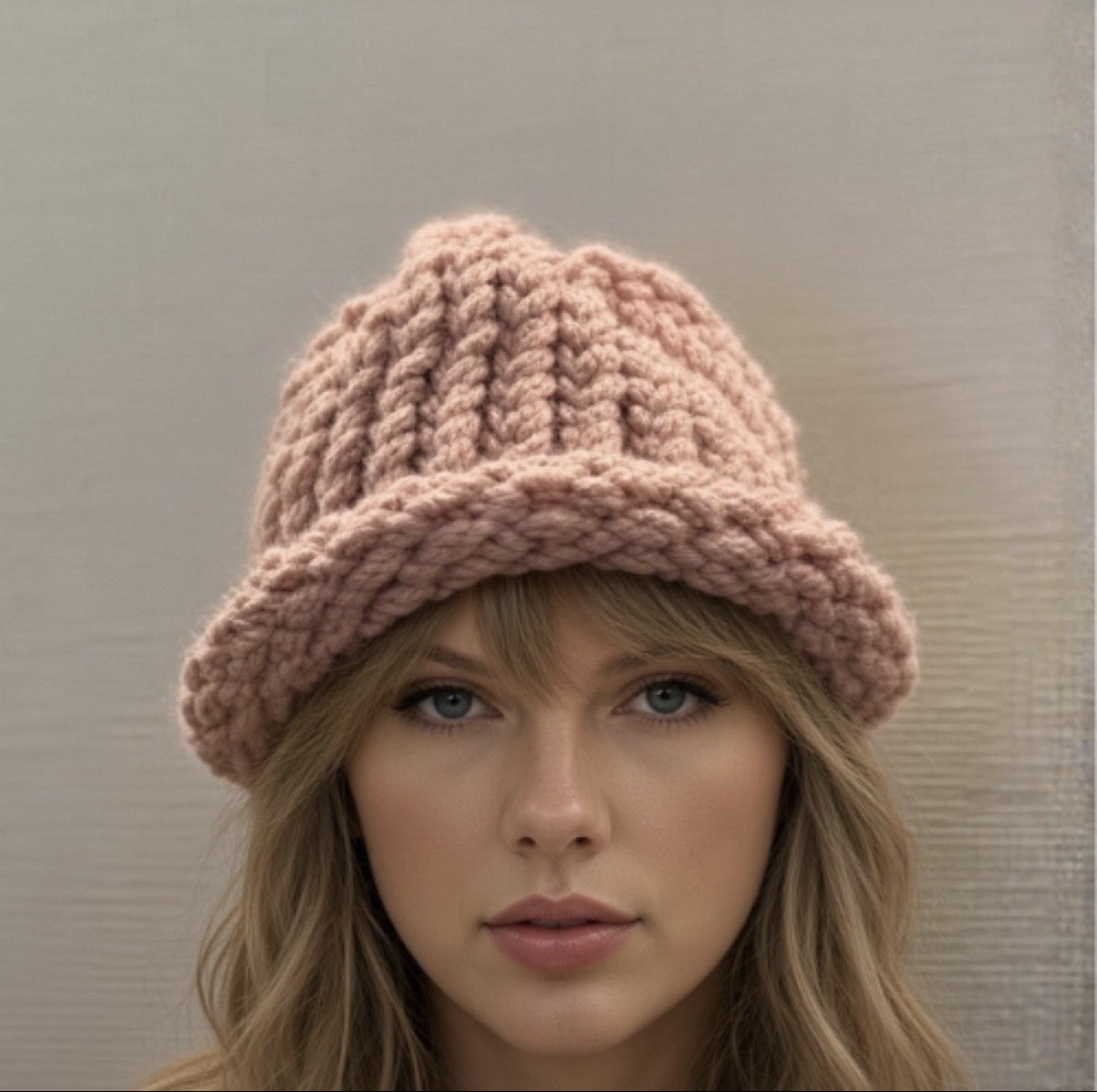 Portrait wearing a chunky pink knit hat