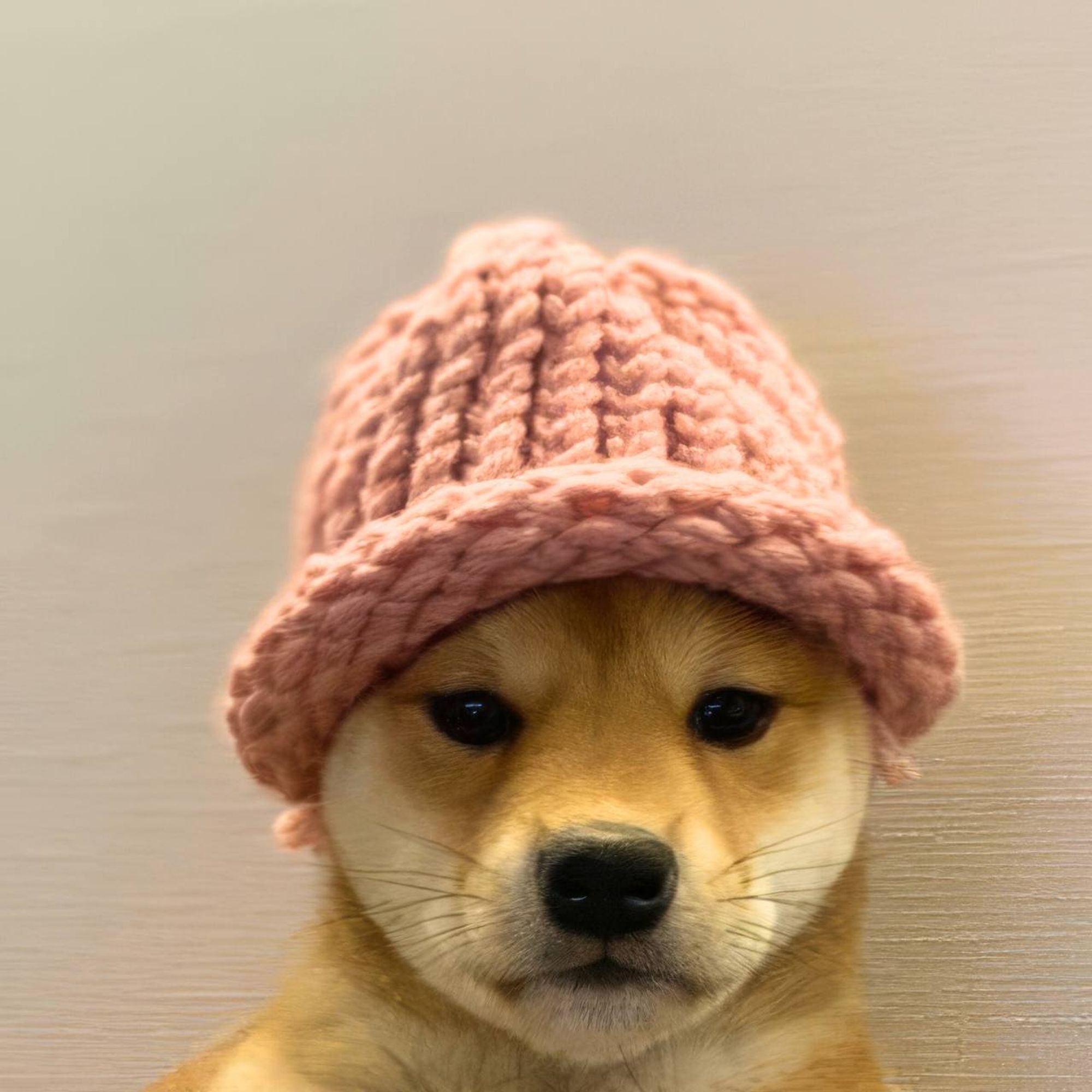 Shiba Inu wearing a matching chunky pink knit hat